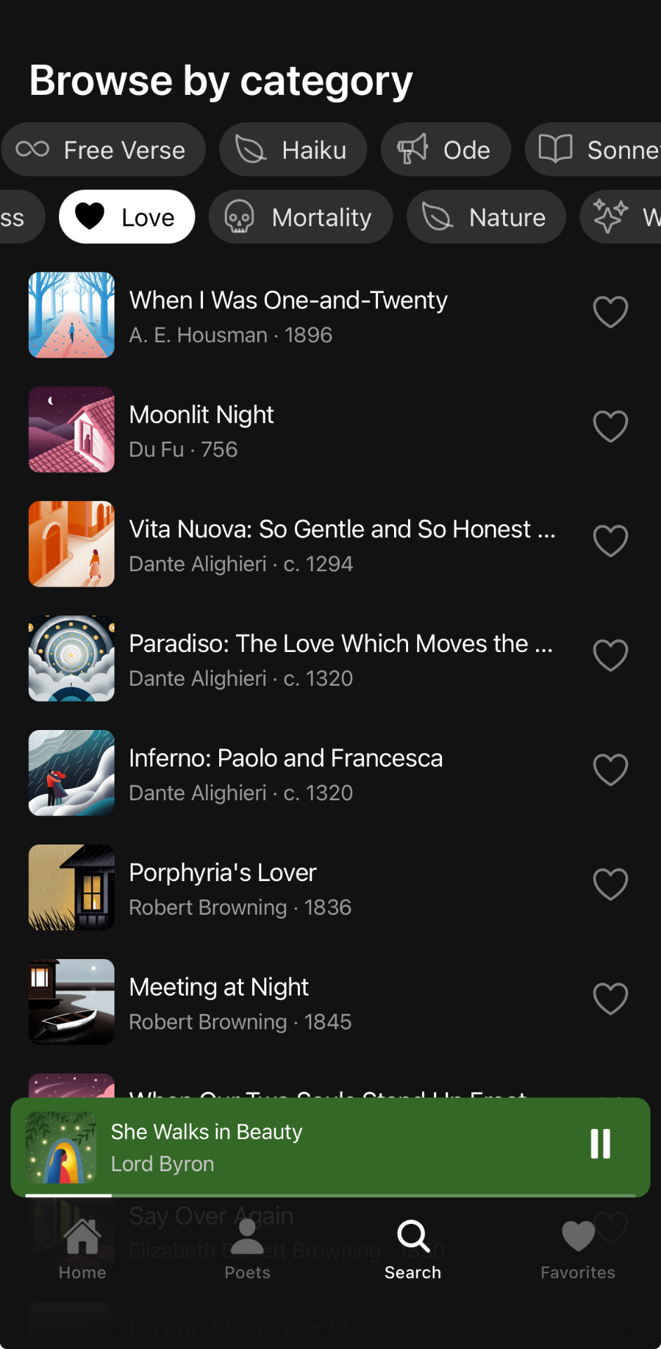 Poemly — Browse poems by category: Love, Mortality, Nature, Free Verse, Haiku